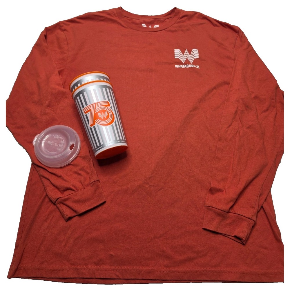 Whataburger Long Sleeve T-Shirt Adult XL & 2 75th Anniversary Reusable Cups